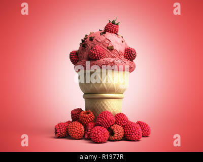 Gelato alla crema con lamponi e briciole di cioccolato in una cialda cup 3d rendering su rosso Foto Stock