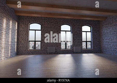 3D rendering di vuota studio loft con mattoni bianchi Foto Stock