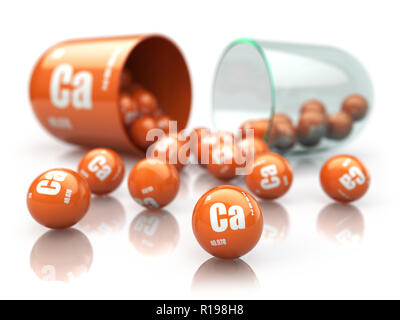 Capsula con calcio Ca elemento integratori dietetici. Vitamina pillola. 3d illustrazione Foto Stock
