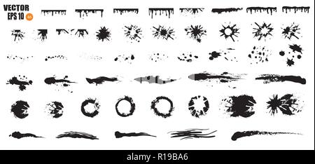 Un ampio set di inchiostro nero, macchie di inchiostro, macchie, Blot, spazzole, linee ruvida. Nero pennellate, elementi di design artistico. Illustrazione Vettoriale. Isolato su sfondo bianco Illustrazione Vettoriale