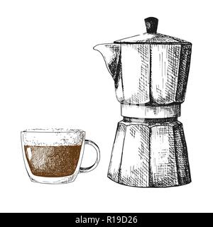 Schizzo caffettiera. Macchina per il caffè e la tazza isolata su sfondo bianco. Illustrazione Vettoriale