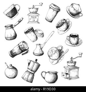 Grande caffè impostata. Disegna le diverse tazze di caffè, pentole e altri oggetti. Illustrazione Vettoriale