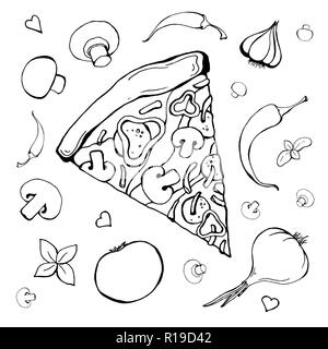 Schizzo di pizza con ingredienti diversi. Illustrazione Vettoriale Illustrazione Vettoriale