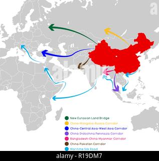 Una cinghia di una strada nuova strada di seta concetto. Il XXI secolo la connettività e la cooperazione tra paesi eurasiatica. Illustrazione Vettoriale. Illustrazione Vettoriale