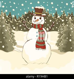 Divertente carino pupazzo di neve, cartoon colorato disegno, illustrazione vettoriale. Dipinto di pupazzo di neve con cappello e sciarpa in inverno Forest park contro lo sfondo Illustrazione Vettoriale