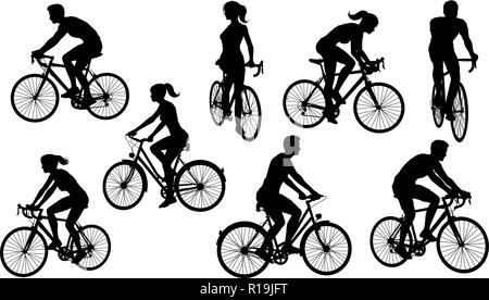Andare in bicicletta bici ciclisti sagome impostato Illustrazione Vettoriale