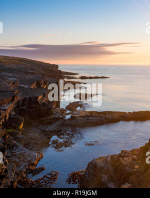Scogliere a Deerness riserva naturale , Orkney continentale a sunrise. Foto Stock