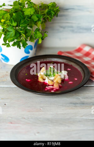 Di barbabietole rosse - zuppa borscht, con l'aggiunta di panna acida e gnocchi Foto Stock