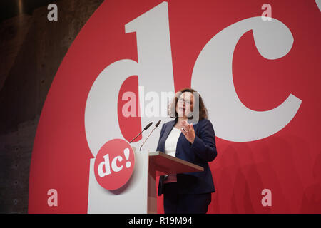 Il 10 novembre 2018, Berlin: Andrea Nahles, DOCUP leader, parla al DOCUP dibattito camp. Foto: Jörg Carstensen/dpa Foto Stock