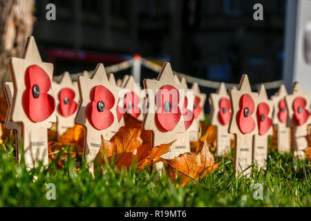 Glasgow, Regno Unito. Decimo Nov, 2018. Come la nazione si avvicina a ricordo di domenica, i membri del pubblico di continuare a visitare il British Legion Giardino della Rimembranza di pagare i loro aspetti e a lasciare il papavero e croci con i loro messaggi personali per coloro che sono stati uccisi in tutte le guerre. Il giardino permette per tutti i reggimenti, religioni e nazionalità per essere riconosciuto e ricordato. Credito: Findlay/Alamy Live News Foto Stock