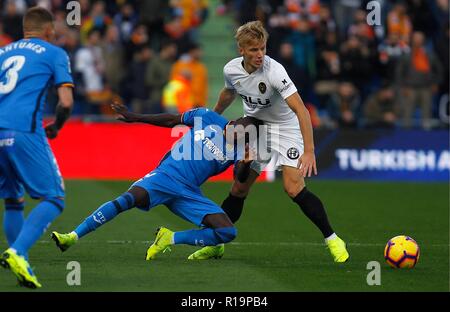 Madrid, Spagna. Decimo Nov, 2018. Partita di calcio tra Getafe e Valencia del 2018/2019 campionato spagnolo, tenutasi a Santiago Bernabeu Stadium in Madrid. (Foto: Jose L. Cuesta/261/Cordon Premere). Cordon Premere Credito: CORDON PREMERE/Alamy Live News Foto Stock