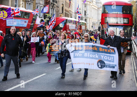 Londra, Regno Unito. Decimo Nov, 2018. Pro-Brexit attivisti provenienti da Regno Unito Unity marzo lungo Whitehall su un Brexit ora la dimostrazione. Credito: Mark Kerrison/Alamy Live News Foto Stock