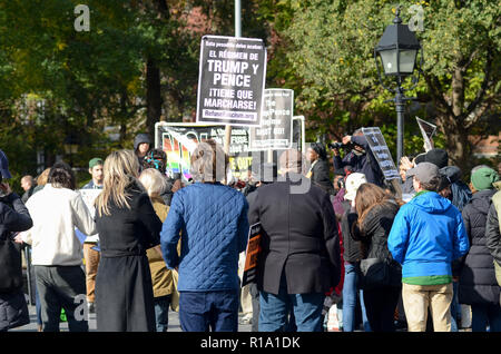 Manhattan, New York, Stati Uniti d'America. Decimo Nov, 2018. I manifestanti visto holding anti-Trump cartelloni durante la dimostrazione.centinaia di dimostranti si sono riuniti a Washington Square Park a Manhattan per domanda Presidente Trump & Vice Presidente Pence dimissioni durante il Trump/Pence Regime deve andare di protesta. Credito: Ryan Rahman SOPA/images/ZUMA filo/Alamy Live News Foto Stock