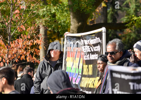 Manhattan, New York, Stati Uniti d'America. Decimo Nov, 2018. Manifestanti hanno visto la tenuta di un anti-Trump banner durante la dimostrazione.centinaia di dimostranti si sono riuniti a Washington Square Park a Manhattan per domanda Presidente Trump & Vice Presidente Pence dimissioni durante il Trump/Pence Regime deve andare di protesta. Credito: Ryan Rahman SOPA/images/ZUMA filo/Alamy Live News Foto Stock