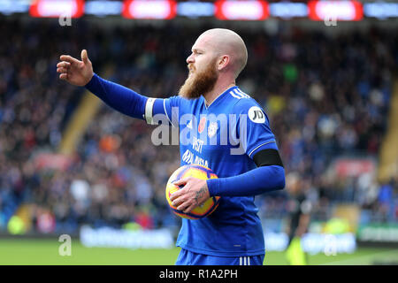 Cardiff, Galles, UK. Decimo Nov, 2018. Aron Gunnarsson di Cardiff City si prepara a prendere un long throw-in. Premier League, Cardiff City v Brighton & Hove Albion al Cardiff City Stadium sabato 10 novembre 2018. Questa immagine può essere utilizzata solo per scopi editoriali. Solo uso editoriale, è richiesta una licenza per uso commerciale. Nessun uso in scommesse, giochi o un singolo giocatore/club/league pubblicazioni. pic da Andrew Orchard/Andrew Orchard fotografia sportiva/Alamy Live news Foto Stock