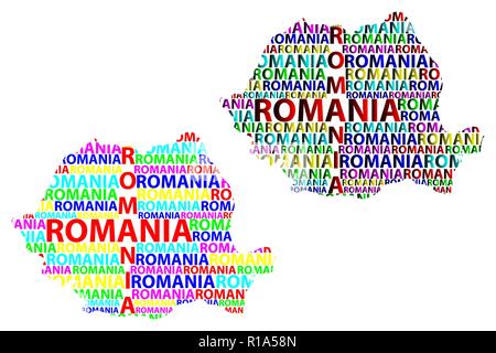 Schizzo della Romania testo lettera mappa, Romania - nella forma del continente, Mappa Romania - colore illustrazione vettoriale Illustrazione Vettoriale