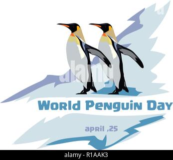Mondo penguin giorno. Due pinguini reali su uno sfondo blu. iceberg dello sfondo. Illustrazione Vettoriale