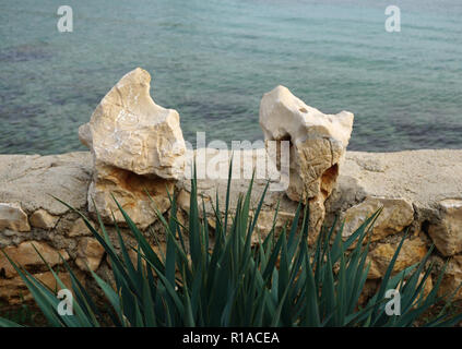 Due pietra sul muro di pietra vicino al mare, mare calmo di sfondo verde in tonalità di colore Foto Stock