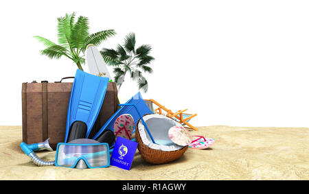 Concetto viaggi in paesi tropicali diversi oggetti sulla spiaggia di sabbia di 3D render Foto Stock