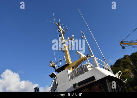 Norwegen, Lofoten, Hafen, Napp, Nappstraumen, Fischerei, Fischerboot, Fischereiflotte, Anker, Scheinwerfer, Nappholmen, Nappsvågen, Fischverarbeitung, Foto Stock