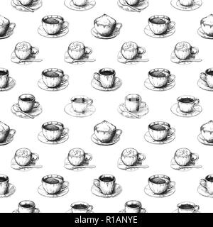 Schizzo diversi tazza di caffè su un piattino. Seamless pattern. illustrazione di un bozzetto di stile. Foto Stock