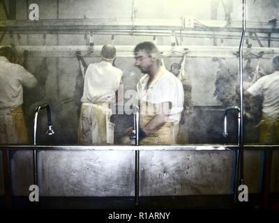 Lavoratori preparare gli animali dopo la macellazione in un steamy indistinto mattatoio interno Foto Stock