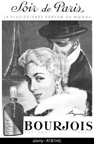 1957 pubblicità francese per Soir de Paris dal profumo Bourjois. Foto Stock