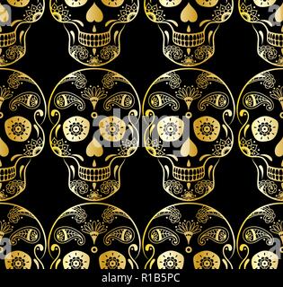 Vector seamless pattern del golden zucchero cranio con doodle elementi floreali su sfondo nero. Sfondo messicano per il Giorno dei Morti Illustrazione Vettoriale