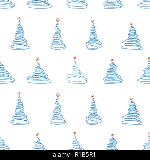 Vector seamless pattern di schizzo blu alberi di natale con decorazione rosso sfera sulla parte superiore su sfondo bianco Illustrazione Vettoriale