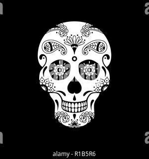 Vettore di zucchero bianco il cranio con doodle motivo floreale su sfondo nero. Illustrazione messicano per il giorno dei morti la celebrazione Festival Illustrazione Vettoriale