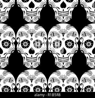 Vector pattern senza giunture di zucchero bianco il cranio con motivi floreali ornamento etnico su sfondo nero. Illustrazione messicano per il Giorno dei Morti Illustrazione Vettoriale