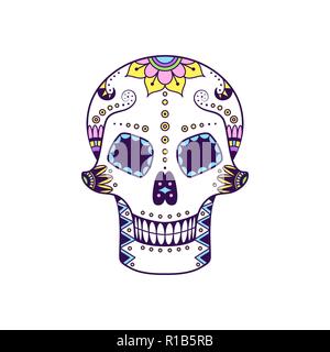 Vettore di zucchero colorate cranio con doodle motivo floreale. Illustrazione messicano per il giorno dei morti la celebrazione del Festival. Dia de Muertos teschio di zucchero Illustrazione Vettoriale