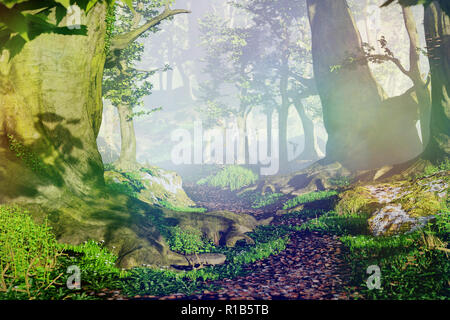 Percorso attraverso la foresta magica di sunrise, bellissimi vecchi alberi paesaggio di fantasia Foto Stock