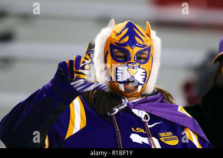 Fayetteville, Arkansas, Stati Uniti d'America. Decimo Nov, 2018. Nov 10, 2018: una ventola LSU mostra il suo spirito prima che il gioco.LSU sconfitto Arkansas 24-17 a Donald W. Reynolds Stadium di Fayetteville, AR, Richey Miller/CSM Credito: Cal Sport Media/Alamy Live News Foto Stock