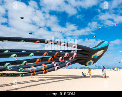 Fuerteventura Isole Canarie Spagna. Decimo Nov, 2018. Un enorme aquilone di polpo come centinaia di aquiloni volano su El Burro beach dunes vicino a Corralejo, a 2018 International Kite Festival a Fuerteventura nelle isole Canarie. Credito: ALAN DAWSON/Alamy Live News Foto Stock