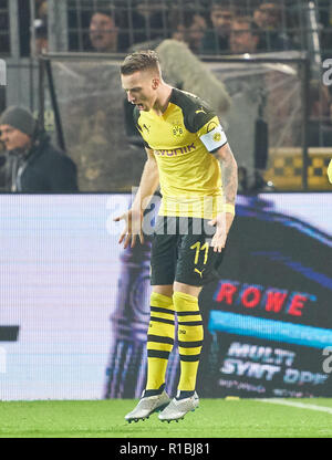 Dortmund, Germania. Decimo Nov, 2018. Marco REUS, BVB 11 celebra il suo obiettivo 1-1 BORUSSIA DORTMUND - FC Bayern Monaco 3-2 - DFL REGOLAMENTI VIETANO QUALSIASI USO DI FOTOGRAFIE come sequenze di immagini e/o quasi-VIDEO - 1.della Lega calcio tedesca , Dortmund, 10 novembre 2018 stagione 2018/2019, undicesima giornata, FCB © Peter Schatz / Alamy Live News Foto Stock