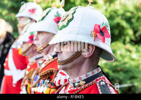 Cardiff Wales, Regno Unito, 11 novembre 2018. I veterani del Royal Welsh reggimento durante il servizio nazionale di ricordo per il Galles al National War Memorial per il Galles in Cathays Park, Cardiff. Credito: Mark Hawkins/Alamy Live News Foto Stock