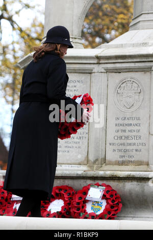 Ricordo Chichester, West Sussex, Regno Unito. Gillian Keegan, MP per la circoscrizione di Chichester nella foto tra gli altri VIP a Litten giardini, St Pancras Road, Chichester per il servizio del ricordo. 11 novembre 2018. Il consiglio della città ha commissionato una scultura speciale che sarà situato in un nuovo giardino progettato di riflessione e di riconciliazione si trova sul lato nord di Litten giardini. Nella adiacente nuovo Park Road, la guarnigione artiglieria volontari saranno manning una guerra mondiale uno 18 pdr pistola nel nuovo Park Road e sparare una raffica di dieci tornate nei momenti immediatamente precedenti la Foto Stock