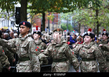 Manchester, Regno Unito. 11 Nov 2018. I veterani del conflitto, che serve i membri delle forze e i membri del pubblico di prendere parte al servizio di marcatura del ricordo di cento anni dalla fine di WW!. Il cenotafio, Manchester, 11 novembre 2018 (C)Barbara Cook/Alamy Live News Foto Stock