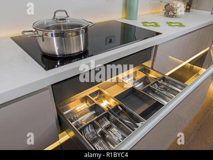 Interior design arredamento che mostra la cucina moderna e cucina elettrodomestici in appartamento di lusso showroom Foto Stock