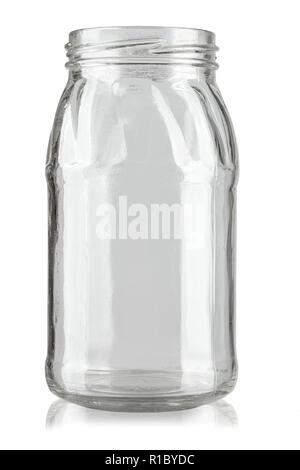 Il vasetto di vetro senza coperchio per la conservazione. isolato su sfondo bianco senza etichetta Foto Stock