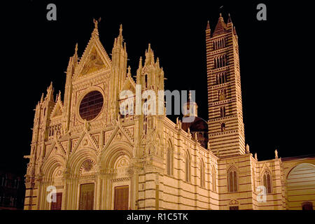 Elaborata facciata di Siena il Duomo illuminata di notte, Toscana, Italia Foto Stock