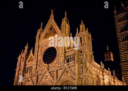 Elaborata facciata di Siena il Duomo illuminata di notte, Toscana, Italia Foto Stock