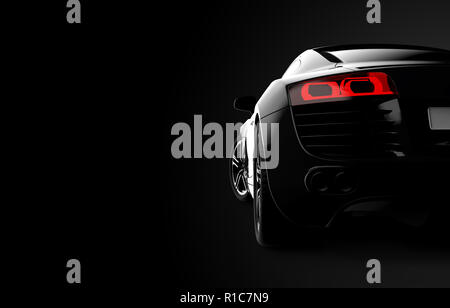Vista posteriore di un generico e brandless auto moderna su uno sfondo nero. 3d illustrazione Foto Stock