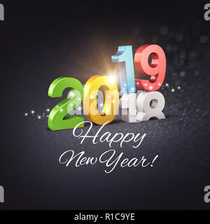 Colorato Nuovo Anno numero data 2019 e felice saluti, al di sopra di fine anno 2018, su una scintillante sfondo nero - 3D illustrazione Foto Stock