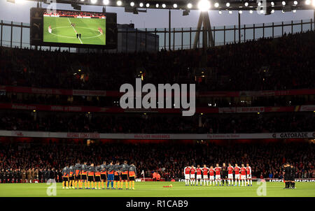 Vista generale dei giocatori durante un minuto di silenzio durante il match di Premier League a Emirates Stadium di Londra. Stampa foto di associazione. Picture Data: Domenica 11 Novembre, 2018. Vedere PA storia calcio Arsenal. Foto di credito dovrebbe leggere: Mike Egerton/filo PA. Restrizioni: solo uso editoriale nessun uso non autorizzato di audio, video, dati, calendari, club/campionato loghi o 'live' servizi. Online in corrispondenza uso limitato a 120 immagini, nessun video emulazione. Nessun uso in scommesse, giochi o un singolo giocatore/club/league pubblicazioni. Foto Stock