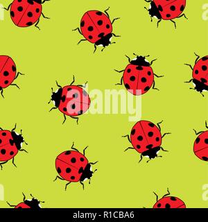 Coccinella vettoriale seamless pattern. rosso coccinella cartoon di simboli su sfondo verde. carino punteggiato lady bug estate illustrazione Illustrazione Vettoriale