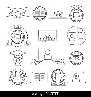 Le icone del webinar. Apprendimento on line icona vettore set, chiamata web studiando la linea segni o video-conferenza simboli lineari Illustrazione Vettoriale
