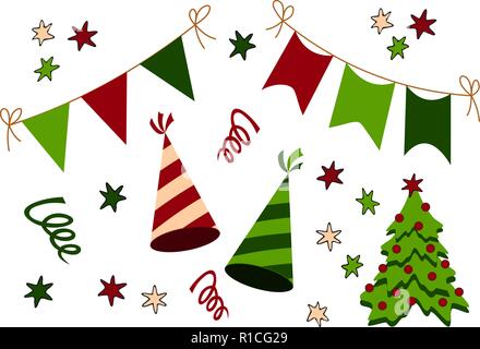 Compleanno, Natale e Anno Nuovo Partito icona roba raccolta. Set di vettore Illustrazione Vettoriale