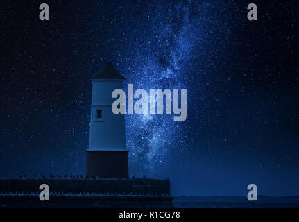 Via lattea e lanterna oltre il mare con gli uccelli Foto Stock